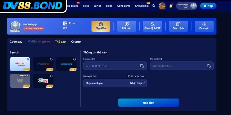 Nạp Tiền DV88 Hướng Dẫn Chi Tiết Và Phương Thức Phổ Biến 2 Hướng dẫn thao tác nạp tiền vào DV88 đơn giản nhất